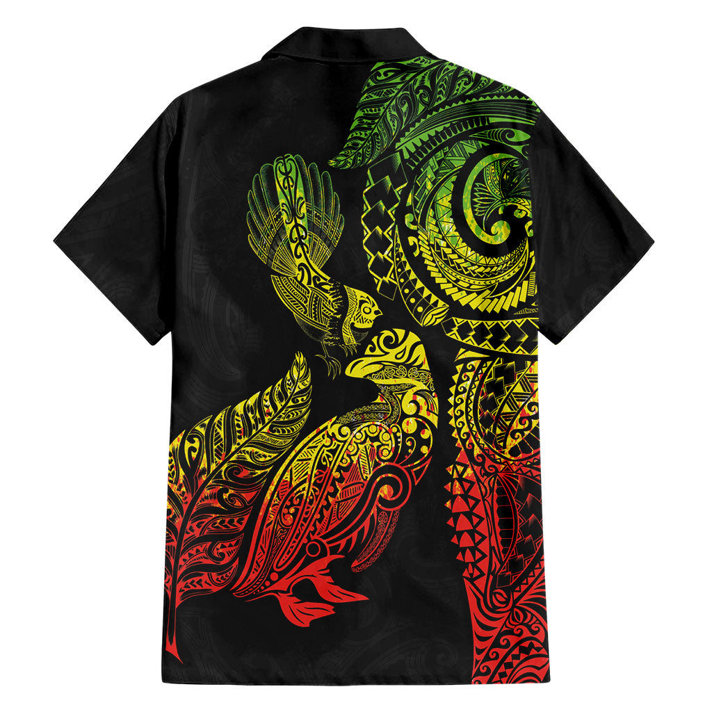 Aotearoa Moko Tribal Tattoo Family Matching Short Sleeve Bodycon Dress and Hawaiian Shirt New Zealand Maori Penguin and Fantail Reggae Style