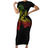 Aotearoa Moko Tribal Tattoo Family Matching Short Sleeve Bodycon Dress and Hawaiian Shirt New Zealand Maori Penguin and Fantail Reggae Style