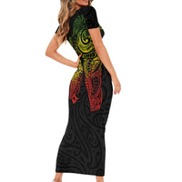 Aotearoa Moko Tribal Tattoo Family Matching Short Sleeve Bodycon Dress and Hawaiian Shirt New Zealand Maori Penguin and Fantail Reggae Style