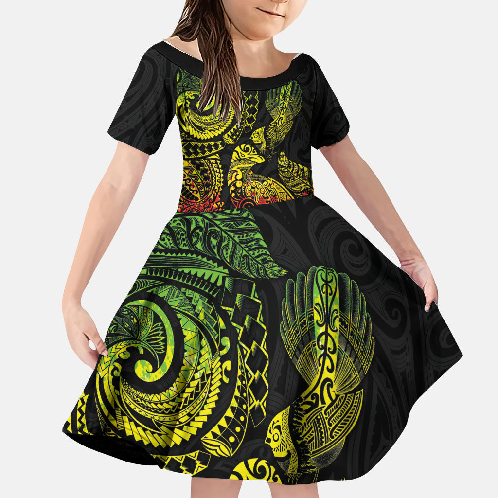 Aotearoa Moko Tribal Tattoo Family Matching Summer Maxi Dress and Hawaiian Shirt New Zealand Maori Penguin and Fantail Reggae Style