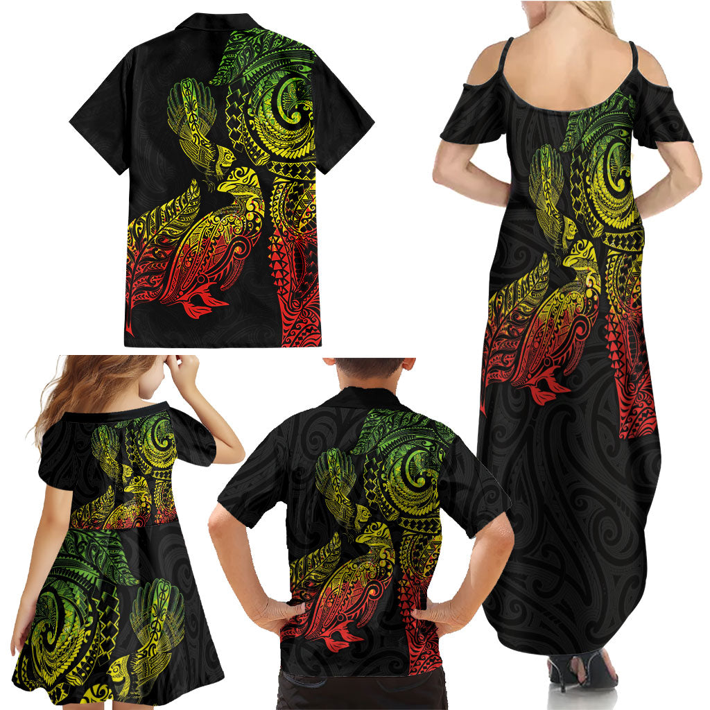 Aotearoa Moko Tribal Tattoo Family Matching Summer Maxi Dress and Hawaiian Shirt New Zealand Maori Penguin and Fantail Reggae Style