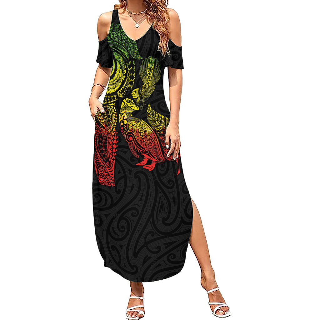 Aotearoa Moko Tribal Tattoo Family Matching Summer Maxi Dress and Hawaiian Shirt New Zealand Maori Penguin and Fantail Reggae Style
