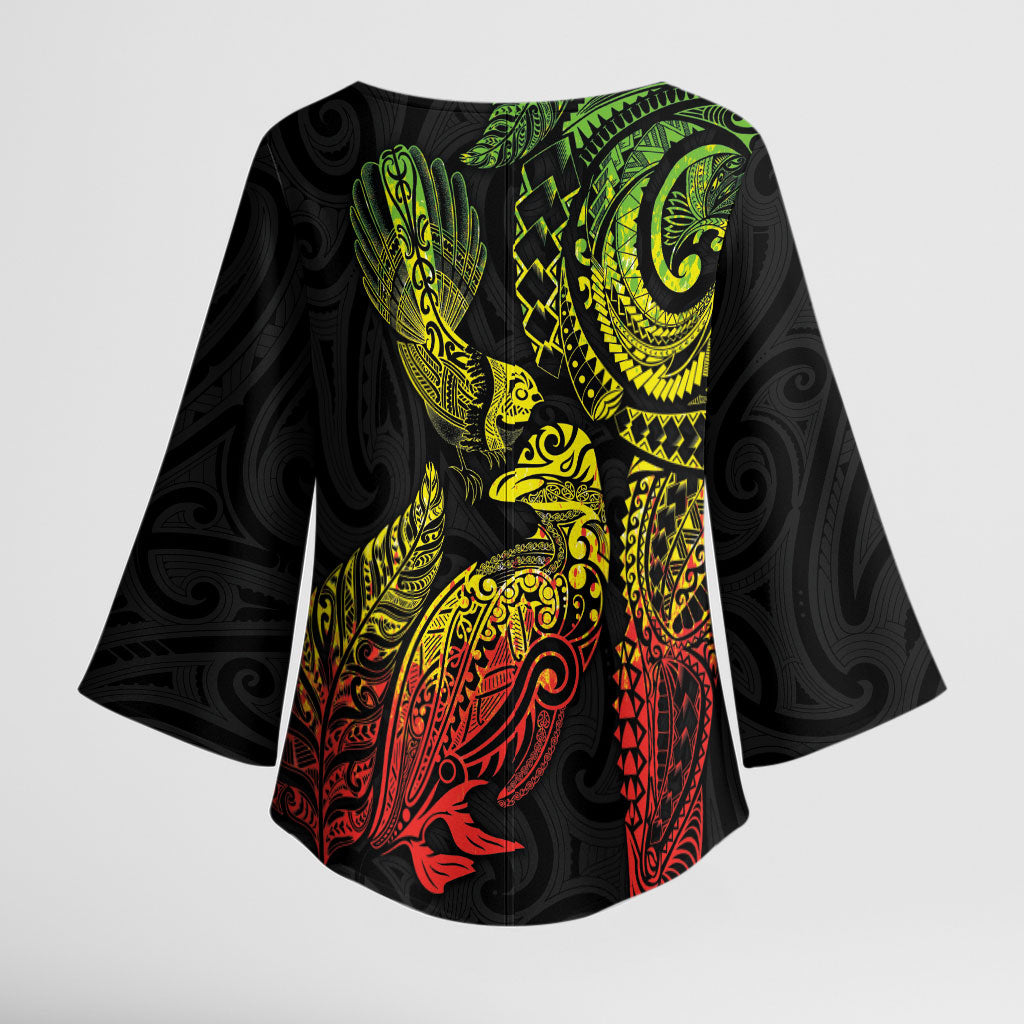 Aotearoa Moko Tribal Tattoo Kimono Sleeve Blouse New Zealand Maori Penguin and Fantail Reggae Style