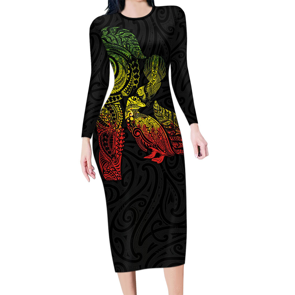 Aotearoa Moko Tribal Tattoo Long Sleeve Bodycon Dress New Zealand Maori Penguin and Fantail Reggae Style LT03 Long Dress Multicolor - Polynesian Pride