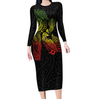 Aotearoa Moko Tribal Tattoo Long Sleeve Bodycon Dress New Zealand Maori Penguin and Fantail Reggae Style