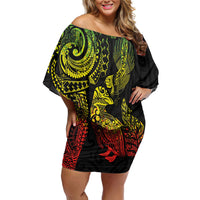 Aotearoa Moko Tribal Tattoo Off Shoulder Short Dress New Zealand Maori Penguin and Fantail Reggae Style
