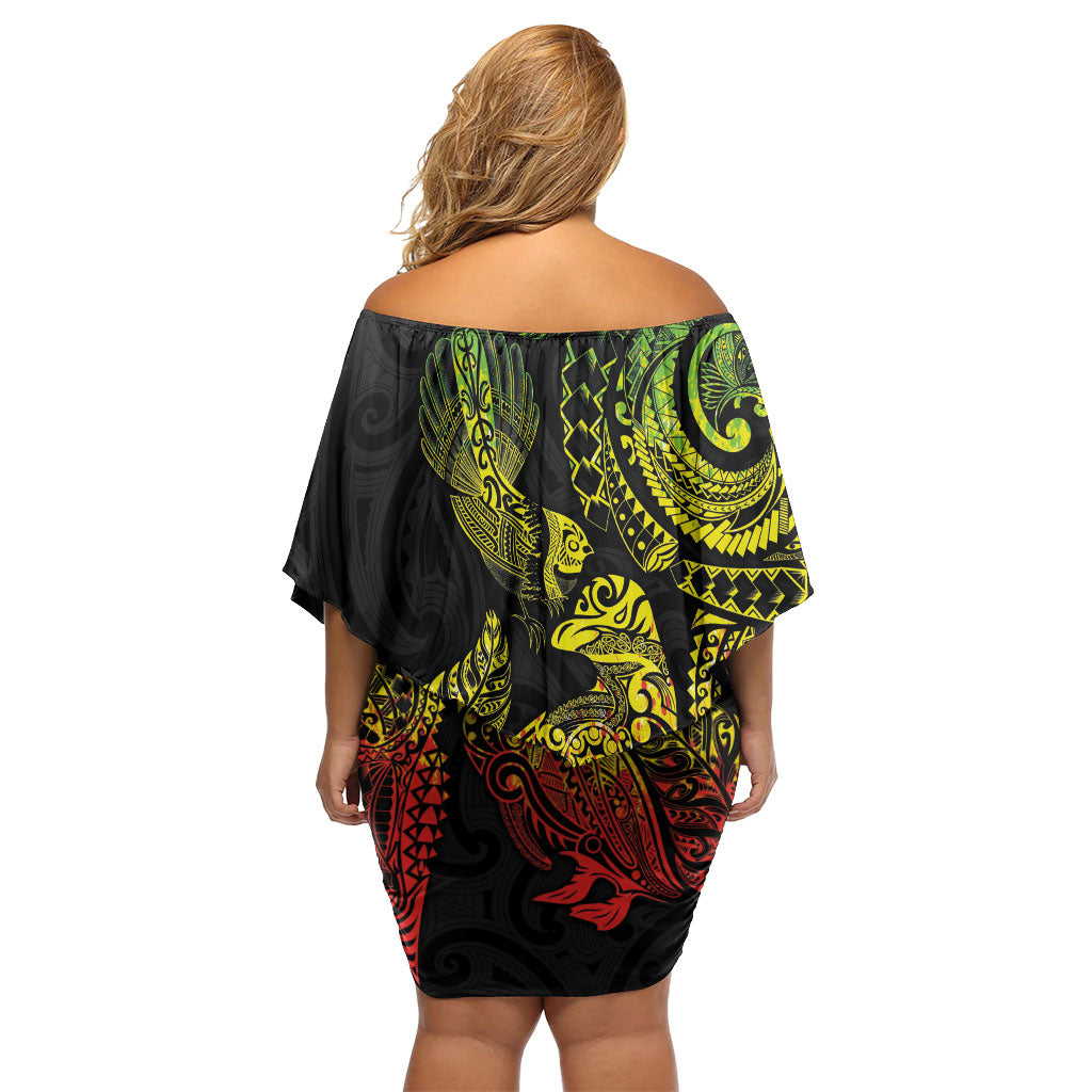 Aotearoa Moko Tribal Tattoo Off Shoulder Short Dress New Zealand Maori Penguin and Fantail Reggae Style