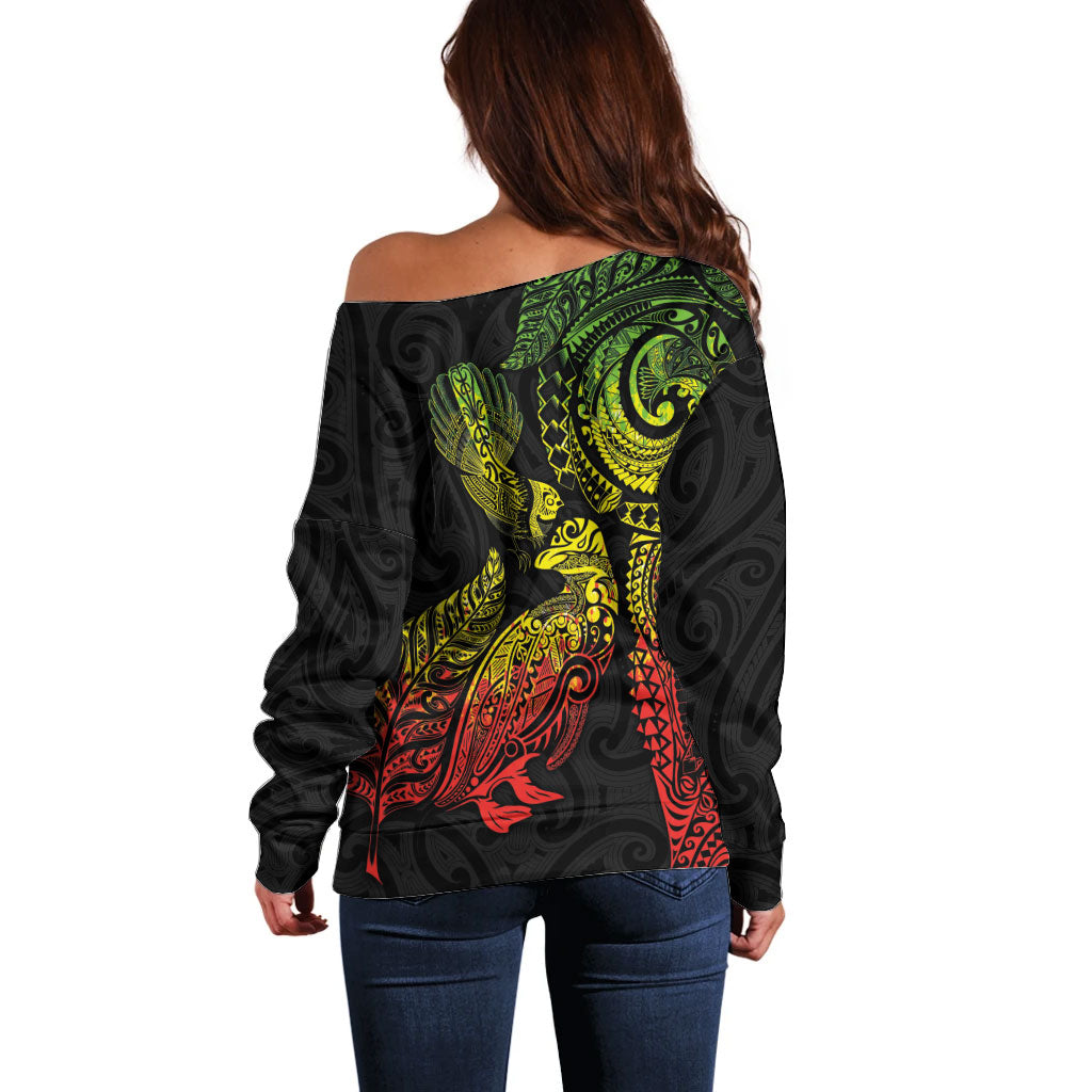 Aotearoa Moko Tribal Tattoo Off Shoulder Sweater New Zealand Maori Penguin and Fantail Reggae Style