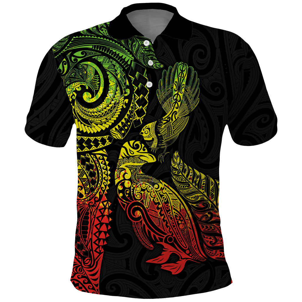 Aotearoa Moko Tribal Tattoo Polo Shirt New Zealand Maori Penguin and Fantail Reggae Style