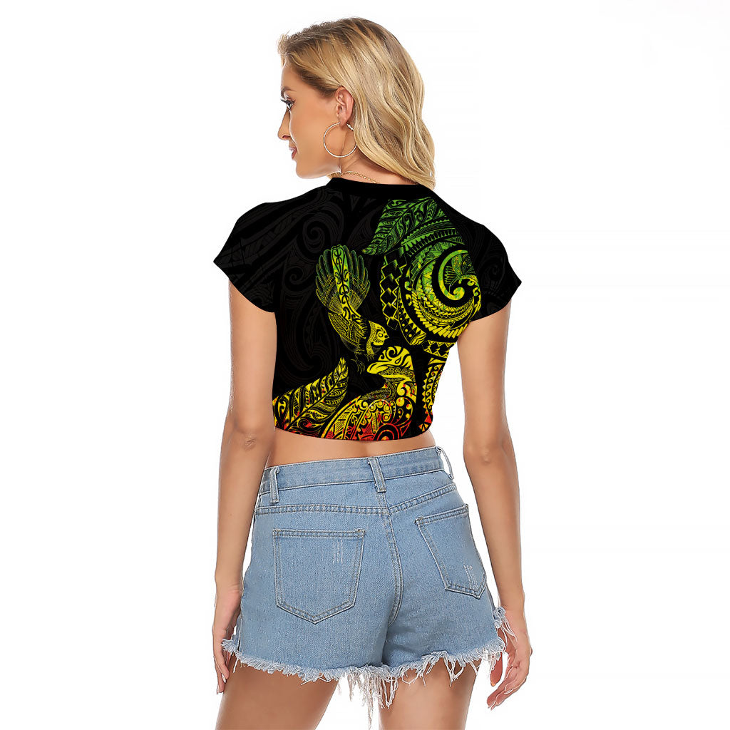 Aotearoa Moko Tribal Tattoo Raglan Cropped T Shirt New Zealand Maori Penguin and Fantail Reggae Style