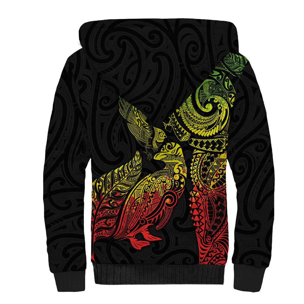 Aotearoa Moko Tribal Tattoo Sherpa Hoodie New Zealand Maori Penguin and Fantail Reggae Style