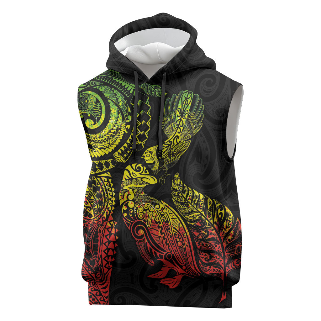 Aotearoa Moko Tribal Tattoo Sleeveless Hoodie New Zealand Maori Penguin and Fantail Reggae Style
