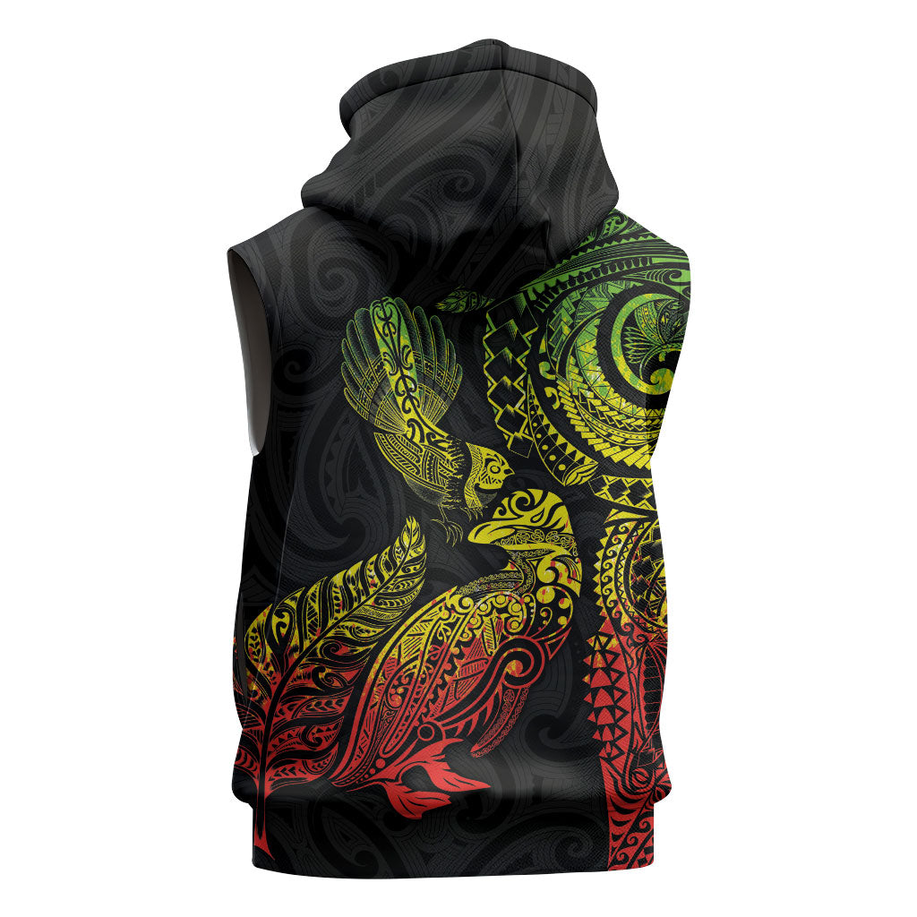 Aotearoa Moko Tribal Tattoo Sleeveless Hoodie New Zealand Maori Penguin and Fantail Reggae Style