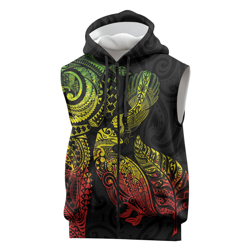 Aotearoa Moko Tribal Tattoo Sleeveless Zip Hoodie New Zealand Maori Penguin and Fantail Reggae Style