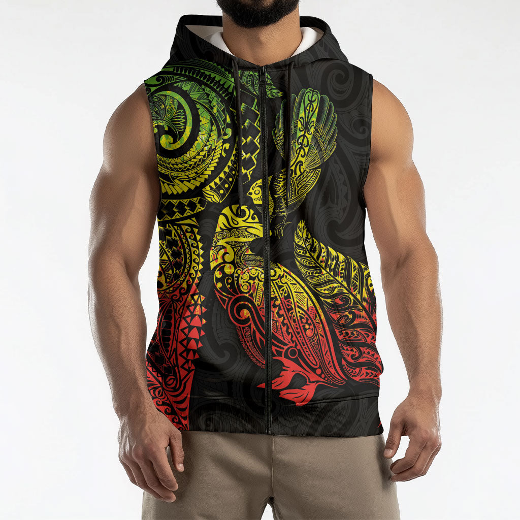 Aotearoa Moko Tribal Tattoo Sleeveless Zip Hoodie New Zealand Maori Penguin and Fantail Reggae Style