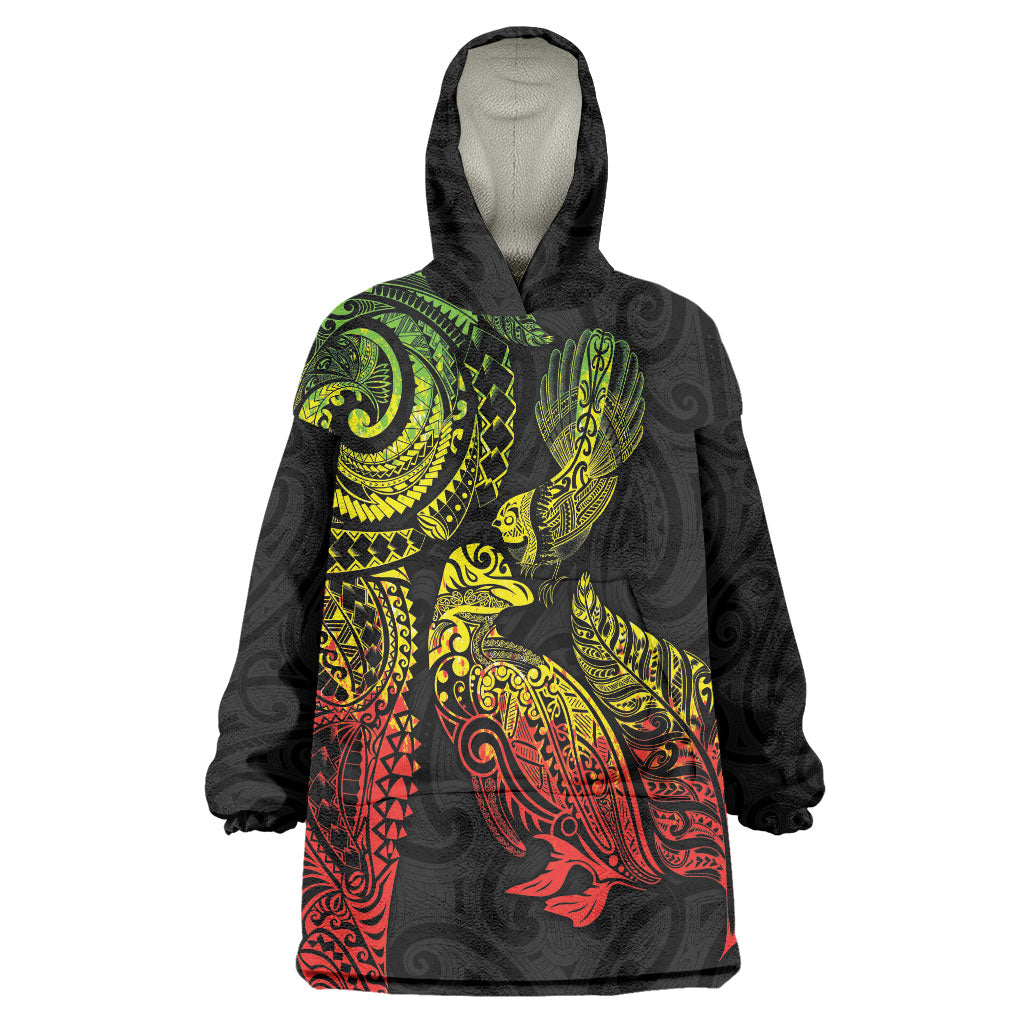 Aotearoa Moko Tribal Tattoo Wearable Blanket Hoodie New Zealand Maori Penguin and Fantail Reggae Style