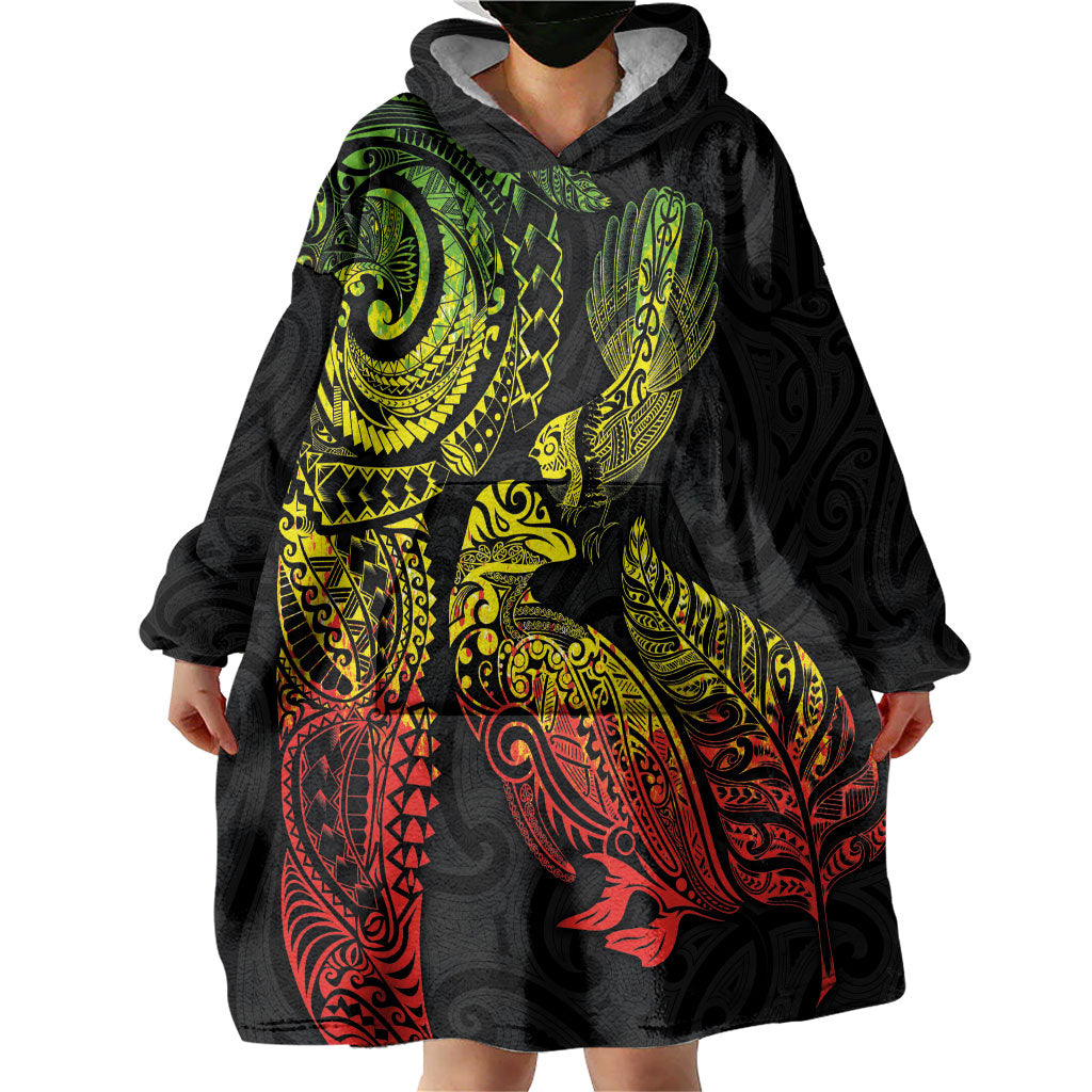 Aotearoa Moko Tribal Tattoo Wearable Blanket Hoodie New Zealand Maori Penguin and Fantail Reggae Style