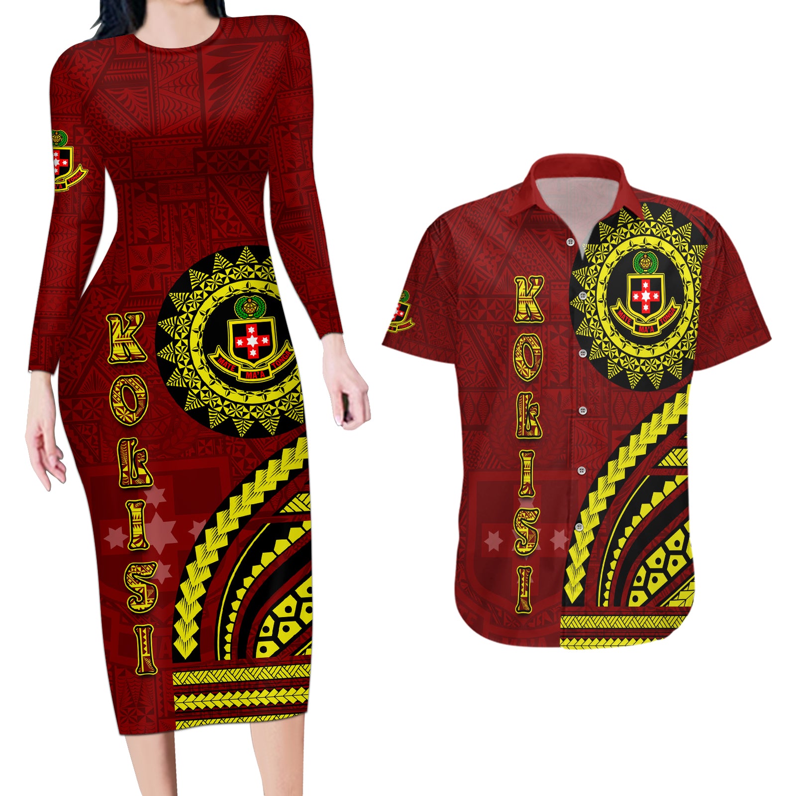Kolisi Tonga Atele Couples Matching Long Sleeve Bodycon Dress and Hawaiian Shirt Ngatu and Polynesian Pattern LT03 Red - Polynesian Pride