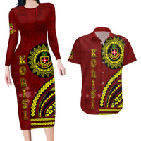 Kolisi Tonga Atele Couples Matching Long Sleeve Bodycon Dress and Hawaiian Shirt Ngatu and Polynesian Pattern LT03 Red - Polynesian Pride
