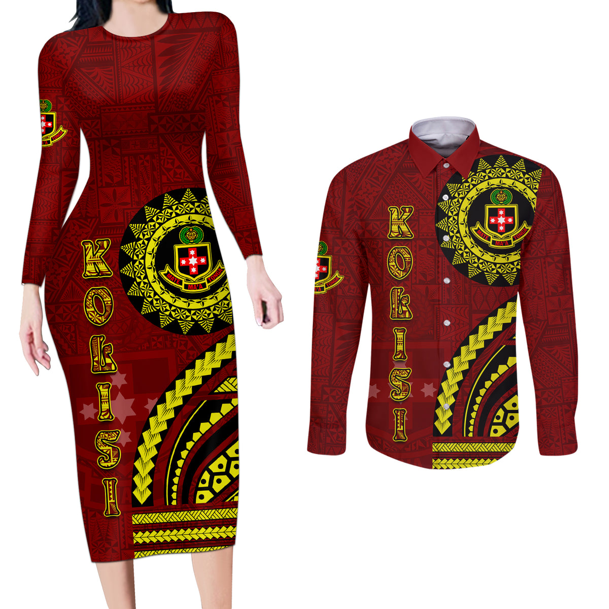 Kolisi Tonga Atele Couples Matching Long Sleeve Bodycon Dress and Long Sleeve Button Shirt Ngatu and Polynesian Pattern LT03 Red - Polynesian Pride