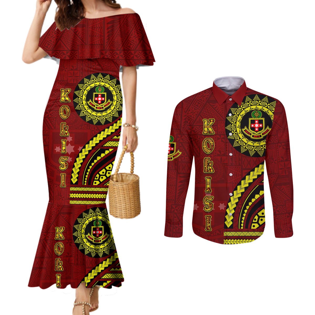 Kolisi Tonga Atele Couples Matching Mermaid Dress and Long Sleeve Button Shirt Ngatu and Polynesian Pattern LT03 Red - Polynesian Pride