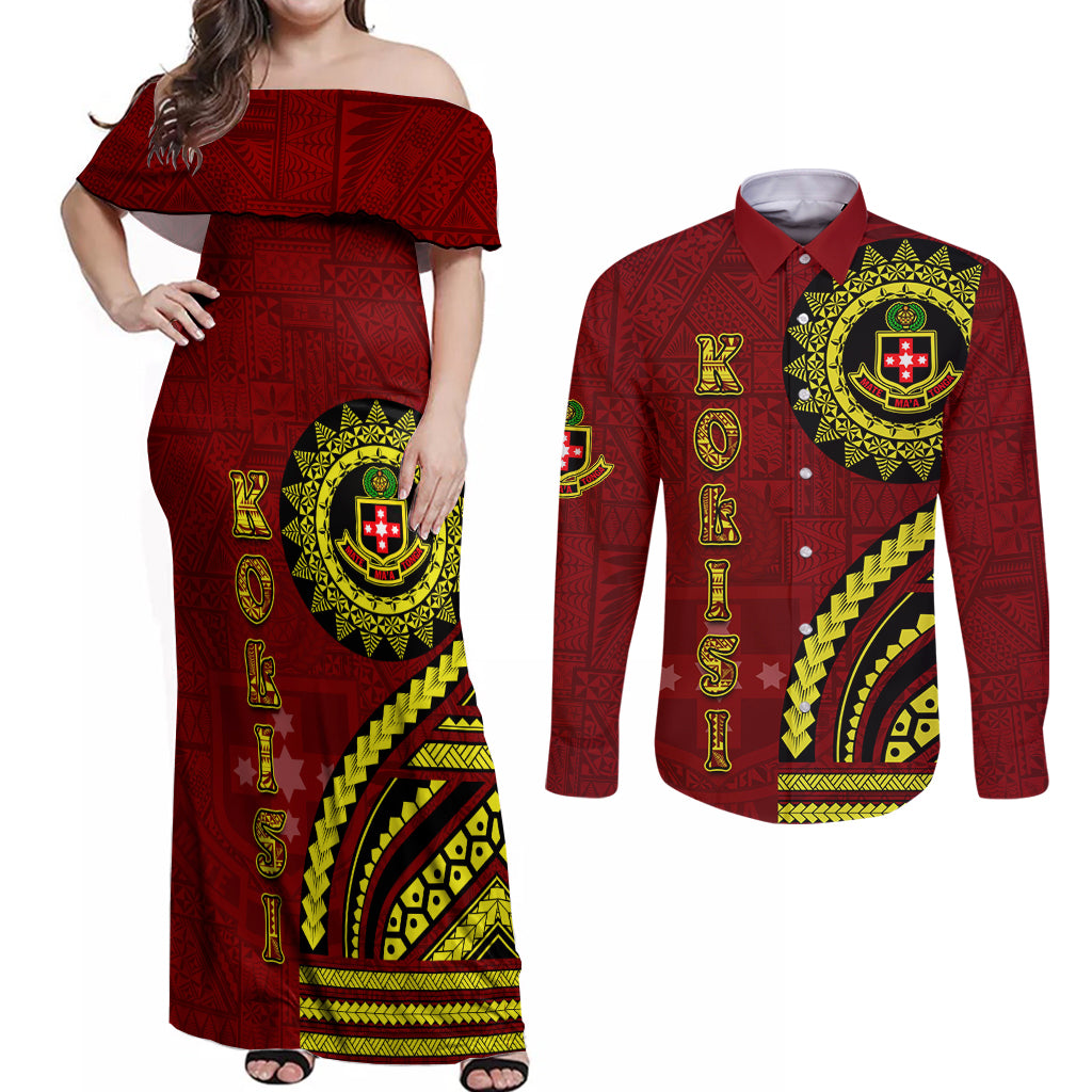 Kolisi Tonga Atele Couples Matching Off Shoulder Maxi Dress and Long Sleeve Button Shirt Ngatu and Polynesian Pattern LT03 Red - Polynesian Pride