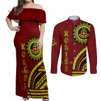 Kolisi Tonga Atele Couples Matching Off Shoulder Maxi Dress and Long Sleeve Button Shirt Ngatu and Polynesian Pattern LT03 Red - Polynesian Pride
