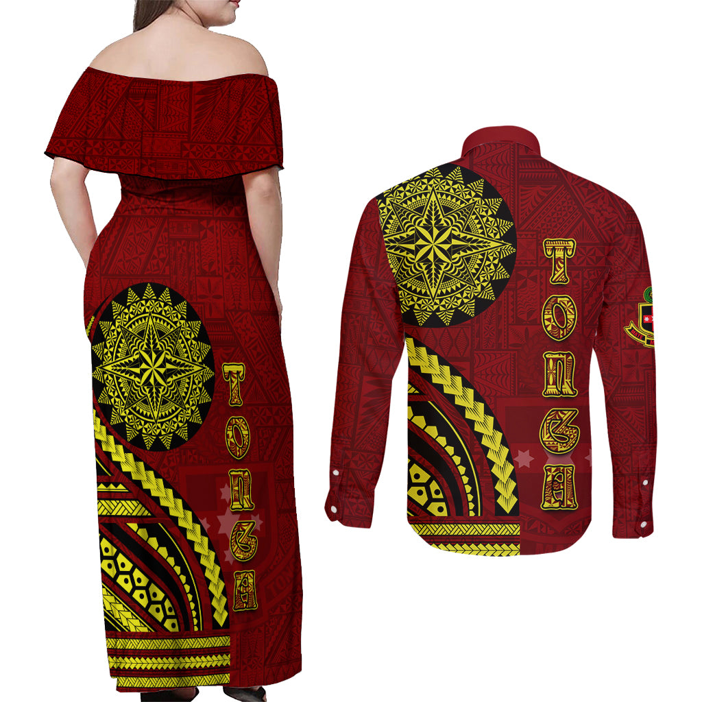 Kolisi Tonga Atele Couples Matching Off Shoulder Maxi Dress and Long Sleeve Button Shirt Ngatu and Polynesian Pattern LT03 - Polynesian Pride
