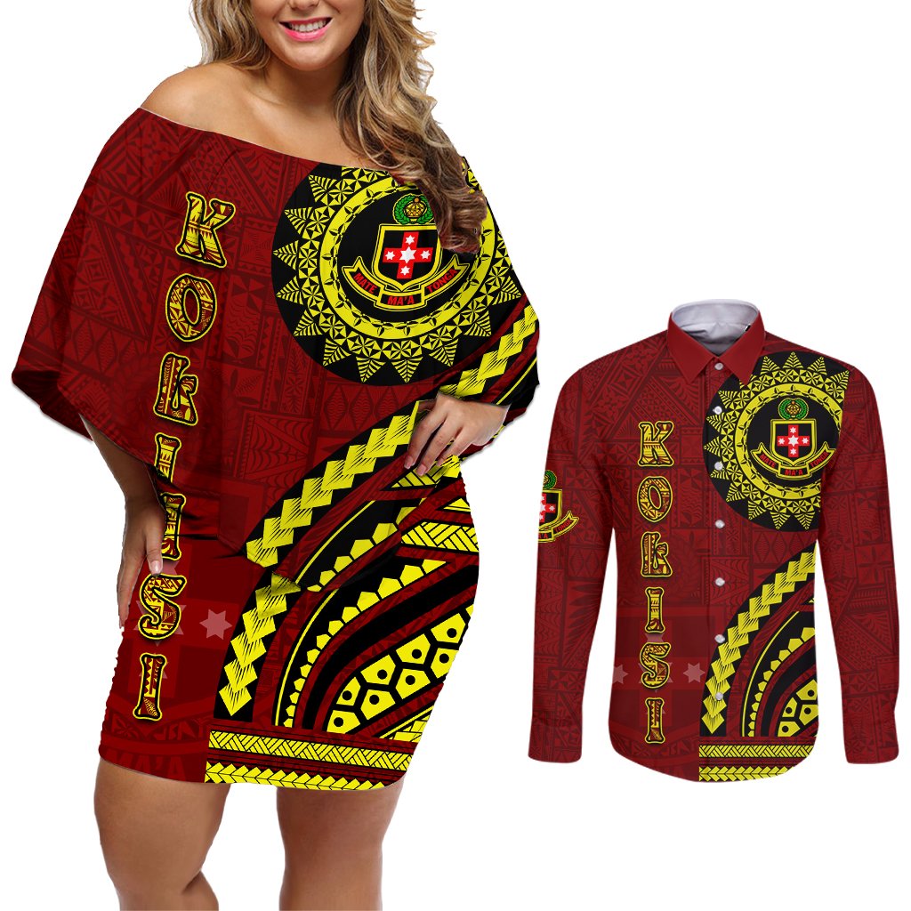 Kolisi Tonga Atele Couples Matching Off Shoulder Short Dress and Long Sleeve Button Shirt Ngatu and Polynesian Pattern LT03 Red - Polynesian Pride