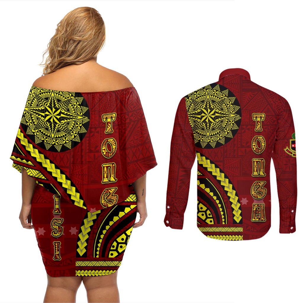 Kolisi Tonga Atele Couples Matching Off Shoulder Short Dress and Long Sleeve Button Shirt Ngatu and Polynesian Pattern LT03 - Polynesian Pride