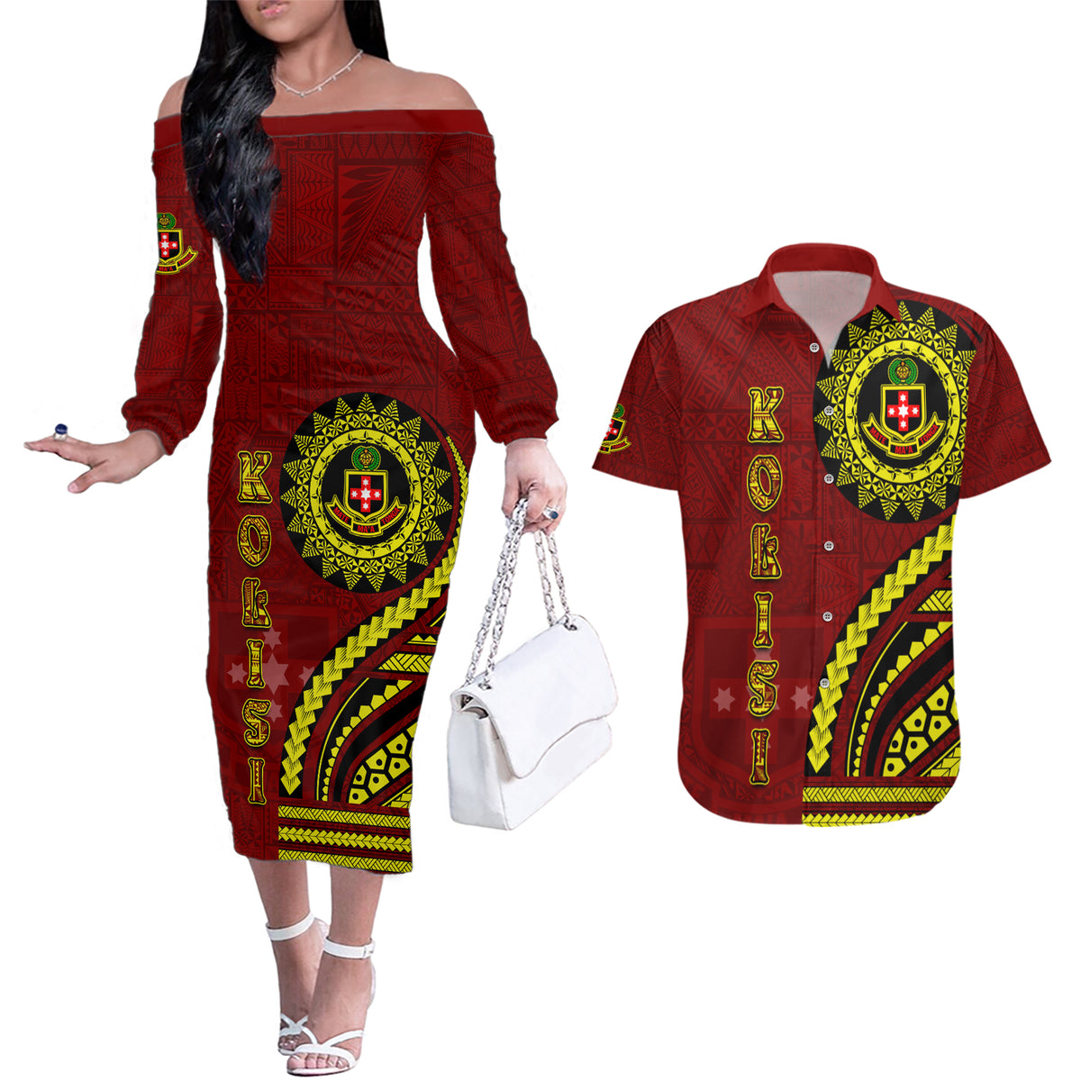 Kolisi Tonga Atele Couples Matching Off The Shoulder Long Sleeve Dress and Hawaiian Shirt Ngatu and Polynesian Pattern LT03 Red - Polynesian Pride