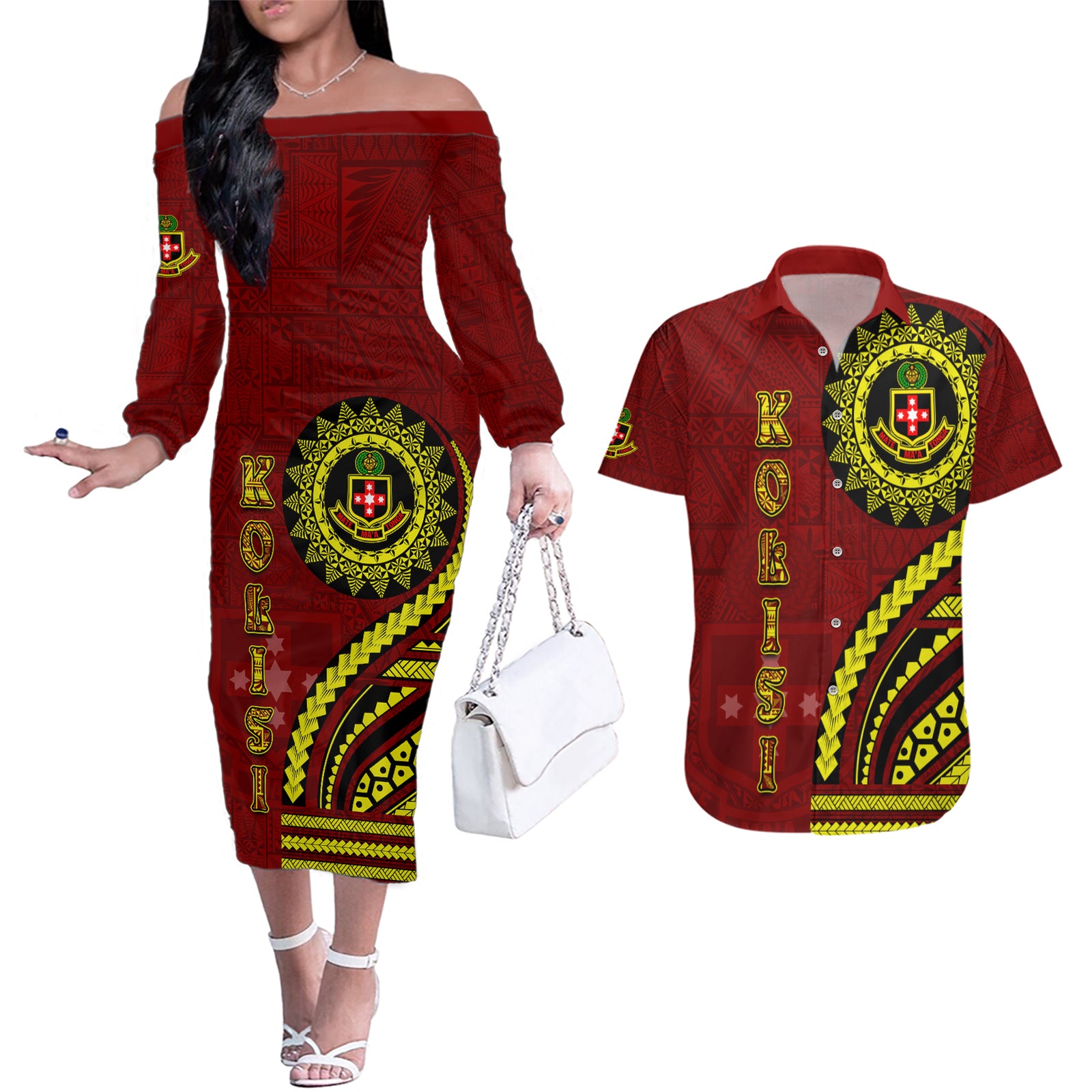 Kolisi Tonga Atele Couples Matching Off The Shoulder Long Sleeve Dress and Hawaiian Shirt Ngatu and Polynesian Pattern LT03 Red - Polynesian Pride