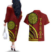 Kolisi Tonga Atele Couples Matching Off The Shoulder Long Sleeve Dress and Hawaiian Shirt Ngatu and Polynesian Pattern LT03 - Polynesian Pride