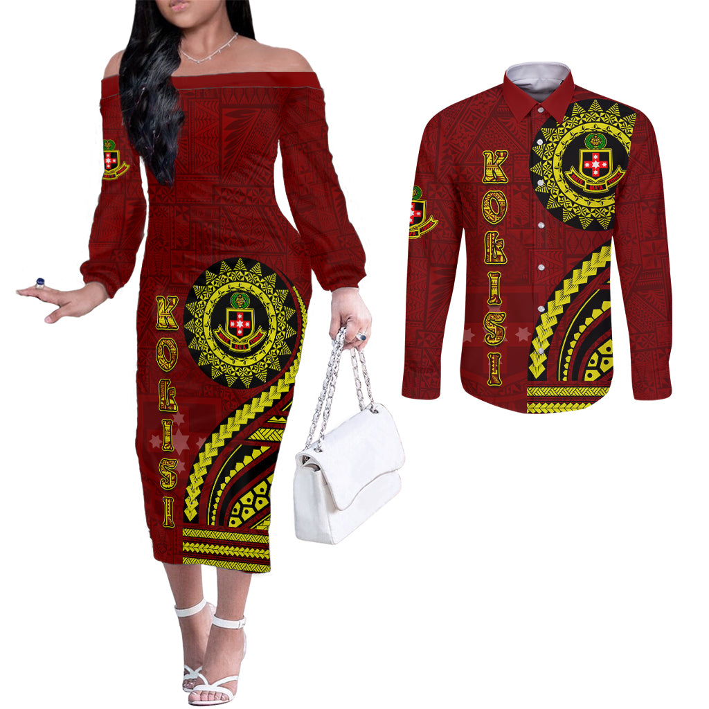 Kolisi Tonga Atele Couples Matching Off The Shoulder Long Sleeve Dress and Long Sleeve Button Shirt Ngatu and Polynesian Pattern LT03 Red - Polynesian Pride