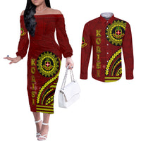 Kolisi Tonga Atele Couples Matching Off The Shoulder Long Sleeve Dress and Long Sleeve Button Shirt Ngatu and Polynesian Pattern LT03 Red - Polynesian Pride
