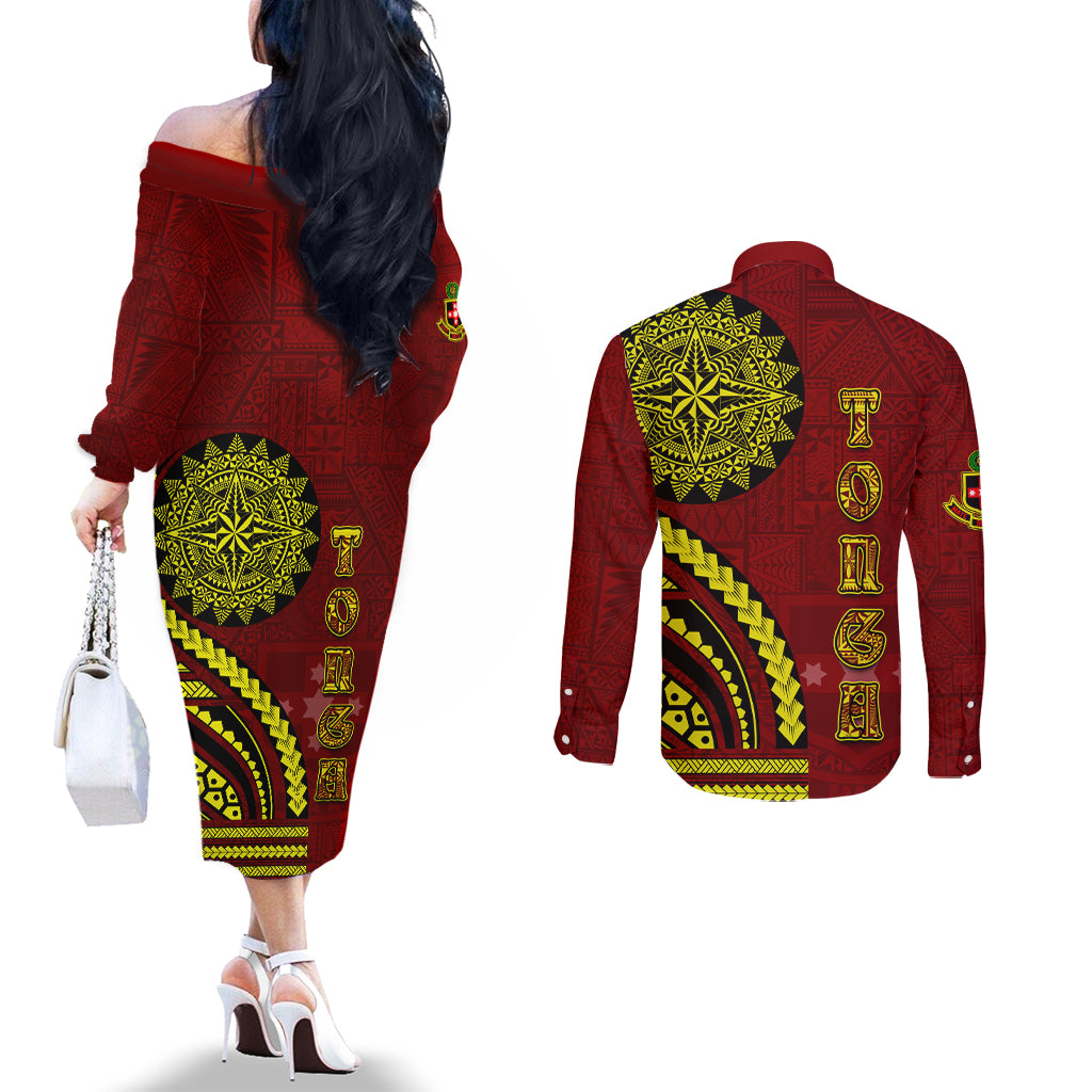 Kolisi Tonga Atele Couples Matching Off The Shoulder Long Sleeve Dress and Long Sleeve Button Shirt Ngatu and Polynesian Pattern LT03 - Polynesian Pride