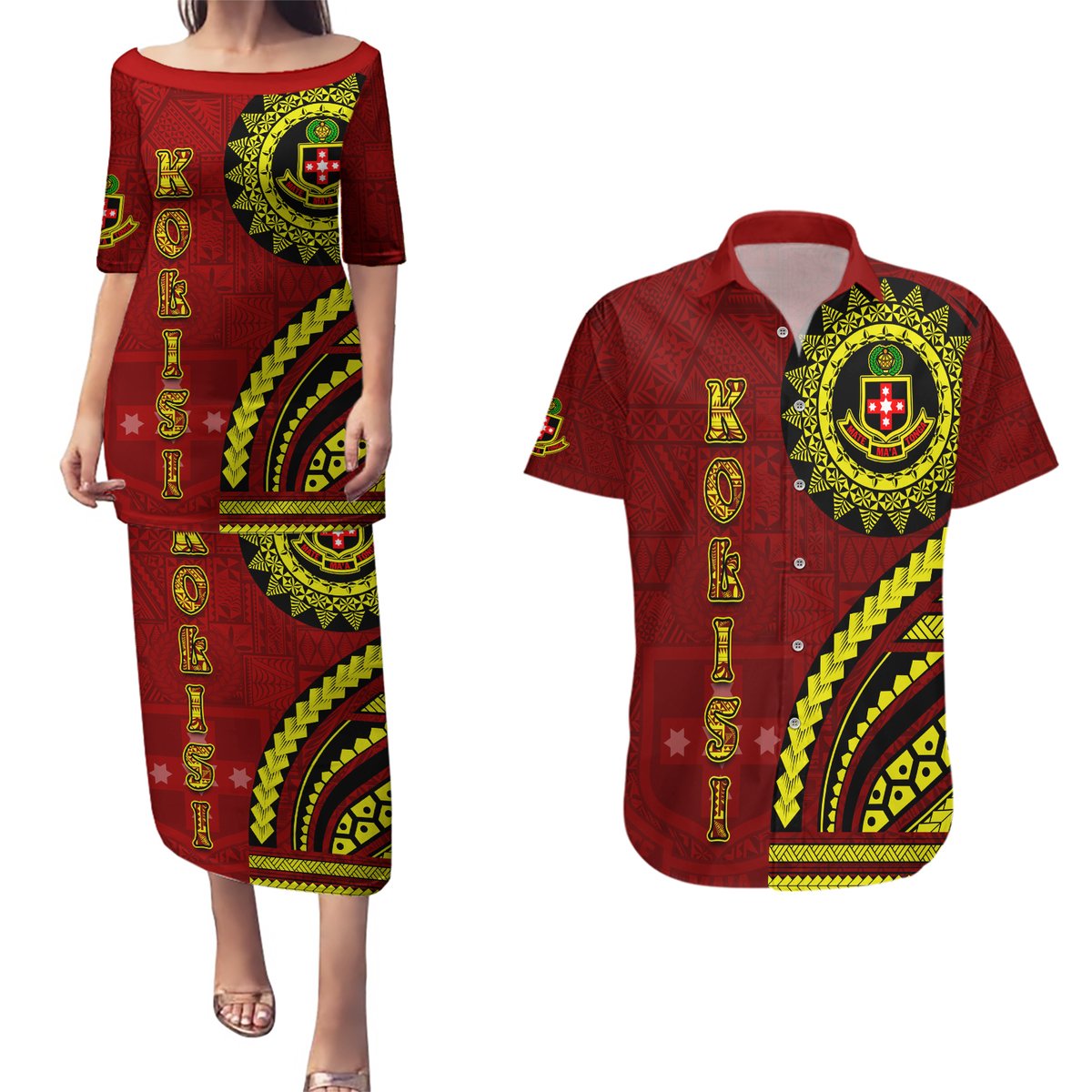 Kolisi Tonga Atele Couples Matching Puletasi and Hawaiian Shirt Ngatu and Polynesian Pattern LT03 Red - Polynesian Pride