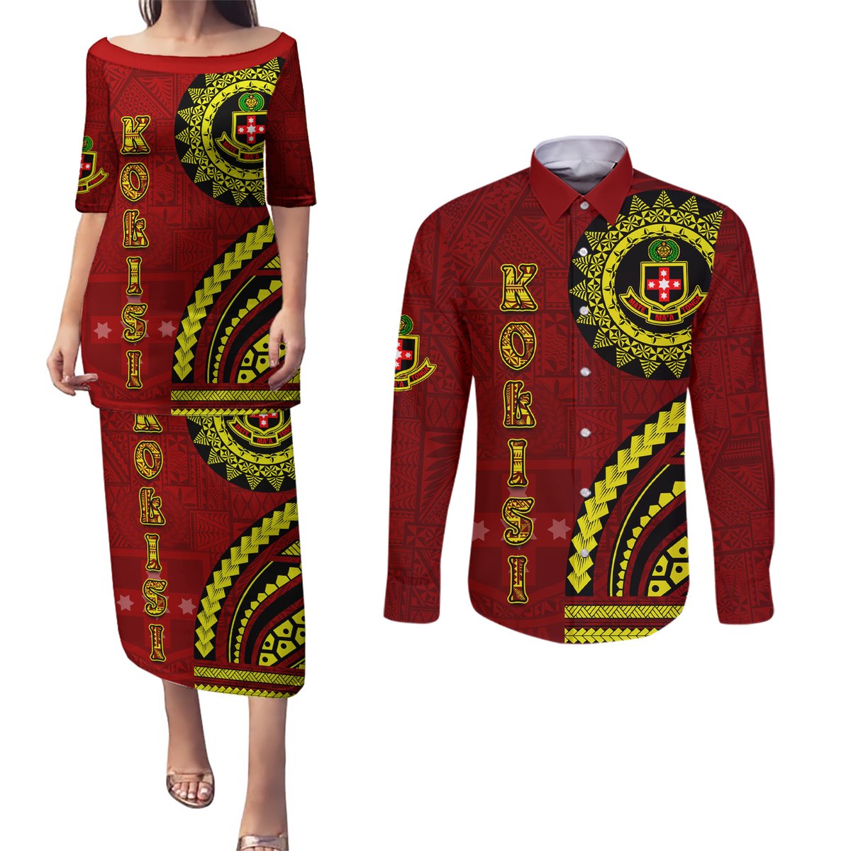 Kolisi Tonga Atele Couples Matching Puletasi and Long Sleeve Button Shirt Ngatu and Polynesian Pattern LT03 Red - Polynesian Pride