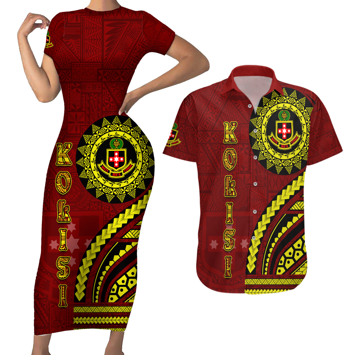 Kolisi Tonga Atele Couples Matching Short Sleeve Bodycon Dress and Hawaiian Shirt Ngatu and Polynesian Pattern LT03 Red - Polynesian Pride