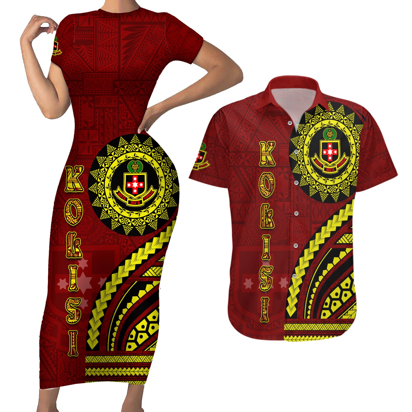 Kolisi Tonga Atele Couples Matching Short Sleeve Bodycon Dress and Hawaiian Shirt Ngatu and Polynesian Pattern LT03 Red - Polynesian Pride