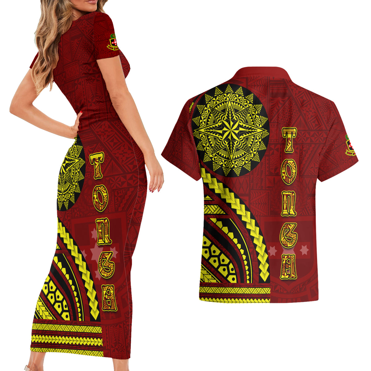 Kolisi Tonga Atele Couples Matching Short Sleeve Bodycon Dress and Hawaiian Shirt Ngatu and Polynesian Pattern LT03 - Polynesian Pride