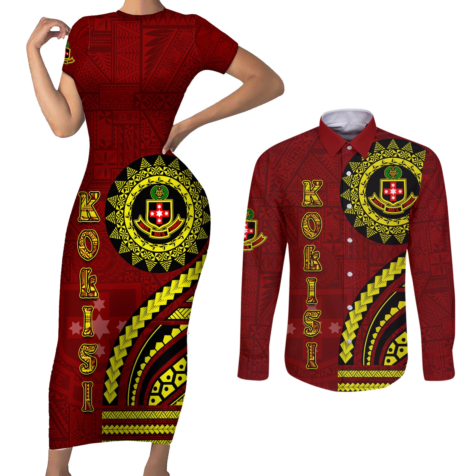 Kolisi Tonga Atele Couples Matching Short Sleeve Bodycon Dress and Long Sleeve Button Shirt Ngatu and Polynesian Pattern LT03 Red - Polynesian Pride