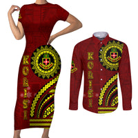 Kolisi Tonga Atele Couples Matching Short Sleeve Bodycon Dress and Long Sleeve Button Shirt Ngatu and Polynesian Pattern LT03 Red - Polynesian Pride
