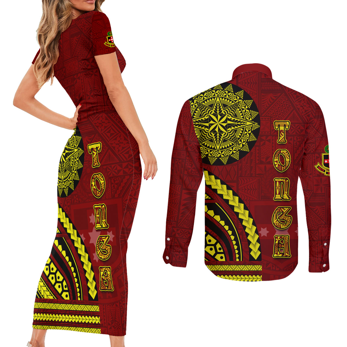 Kolisi Tonga Atele Couples Matching Short Sleeve Bodycon Dress and Long Sleeve Button Shirt Ngatu and Polynesian Pattern LT03 - Polynesian Pride