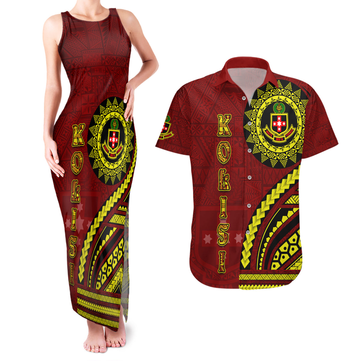 Kolisi Tonga Atele Couples Matching Tank Maxi Dress and Hawaiian Shirt Ngatu and Polynesian Pattern LT03 Red - Polynesian Pride