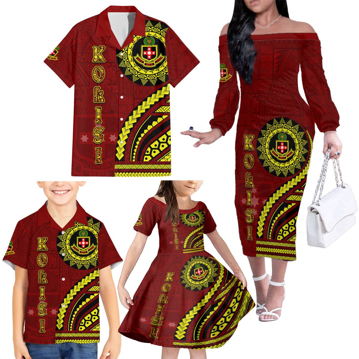 Kolisi Tonga Atele Family Matching Off The Shoulder Long Sleeve Dress and Hawaiian Shirt Ngatu and Polynesian Pattern