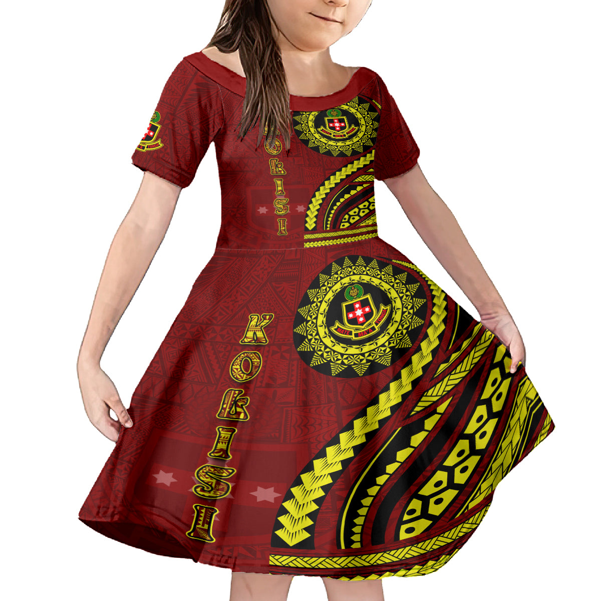 Kolisi Tonga Atele Family Matching Puletasi and Hawaiian Shirt Ngatu and Polynesian Pattern LT03 Daughter's Dress Red - Polynesian Pride