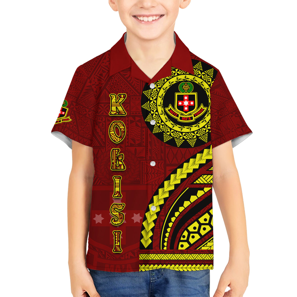 Kolisi Tonga Atele Family Matching Puletasi and Hawaiian Shirt Ngatu and Polynesian Pattern LT03 Son's Shirt Red - Polynesian Pride