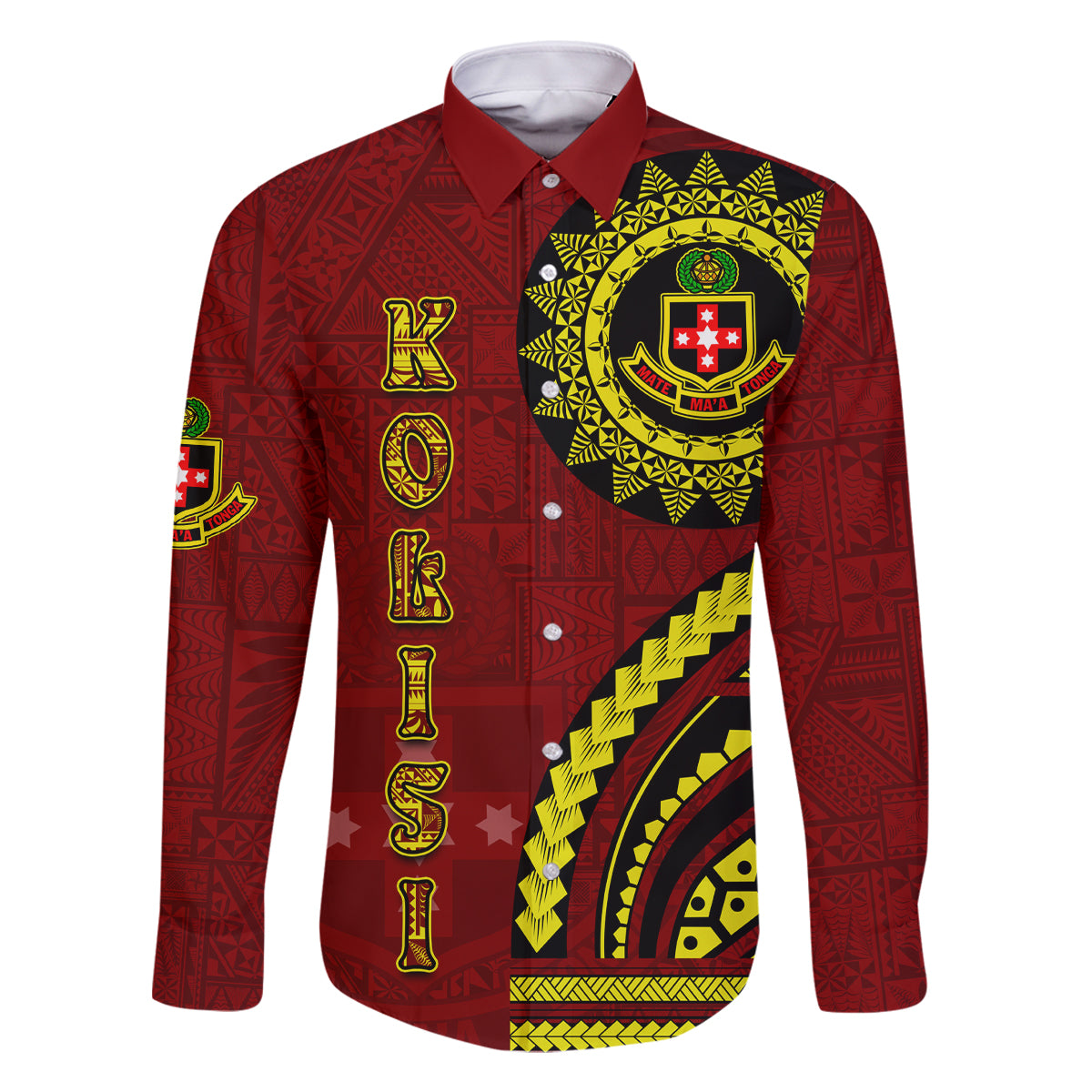 Kolisi Tonga Atele Family Matching Tank Maxi Dress and Hawaiian Shirt Ngatu and Polynesian Pattern LT03 Dad's Shirt - Long Sleeve Red - Polynesian Pride