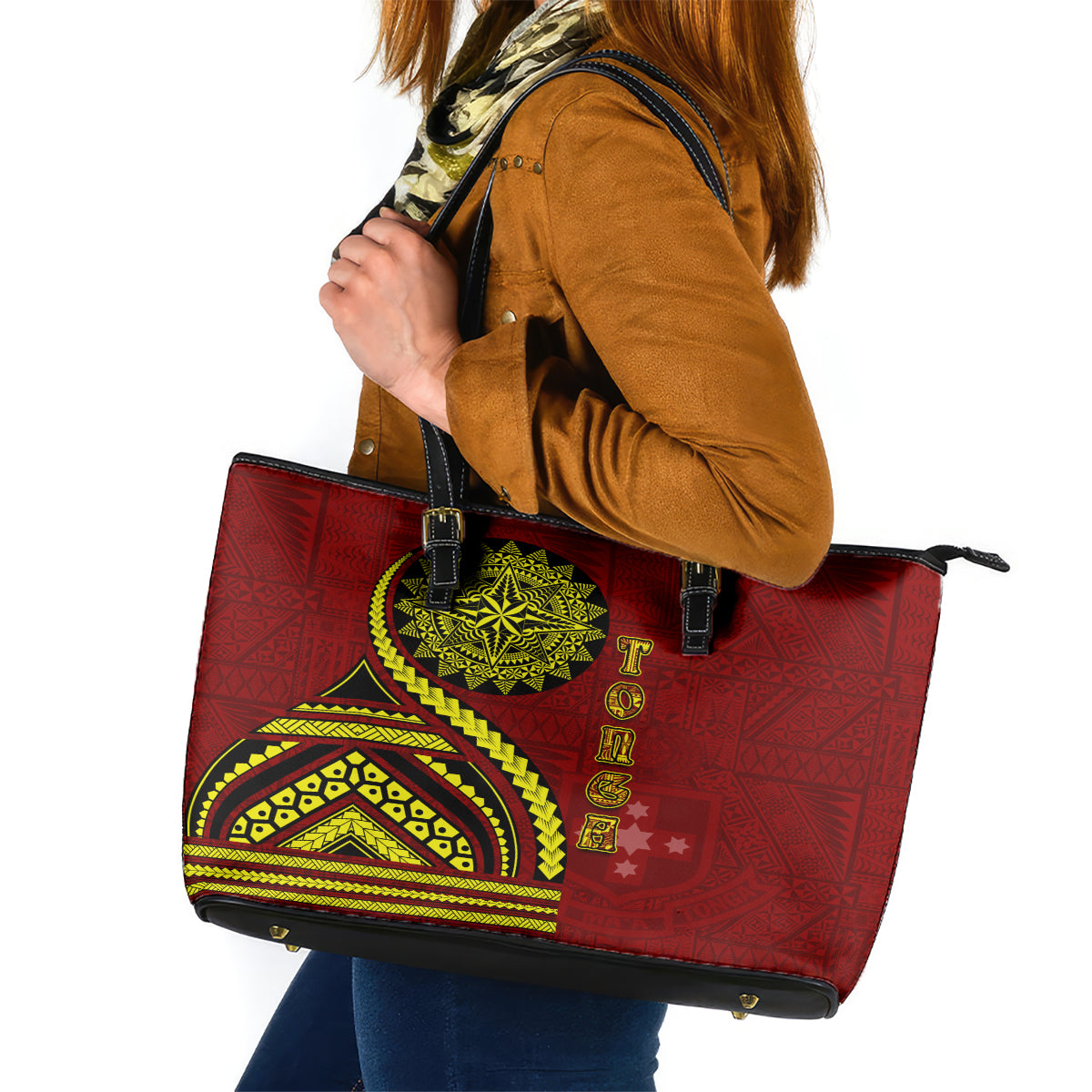 Kolisi Tonga Atele Leather Tote Bag Ngatu and Polynesian Pattern LT03 Red - Polynesian Pride